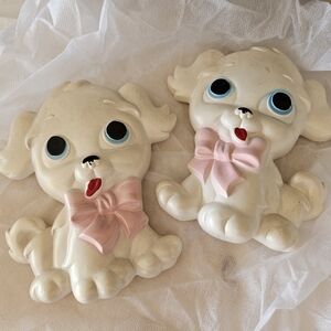 Adorable Chalkware Vintage Plaster Cream Dog Figurines with Pink Bows